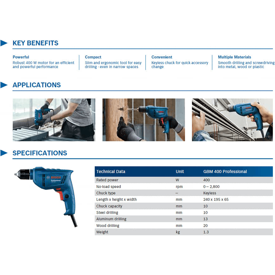 Bosch GBM 400 Keyless Hand Drill 10mm (3/8") 400W [Contractor's Choice] - KHM Megatools Corp.