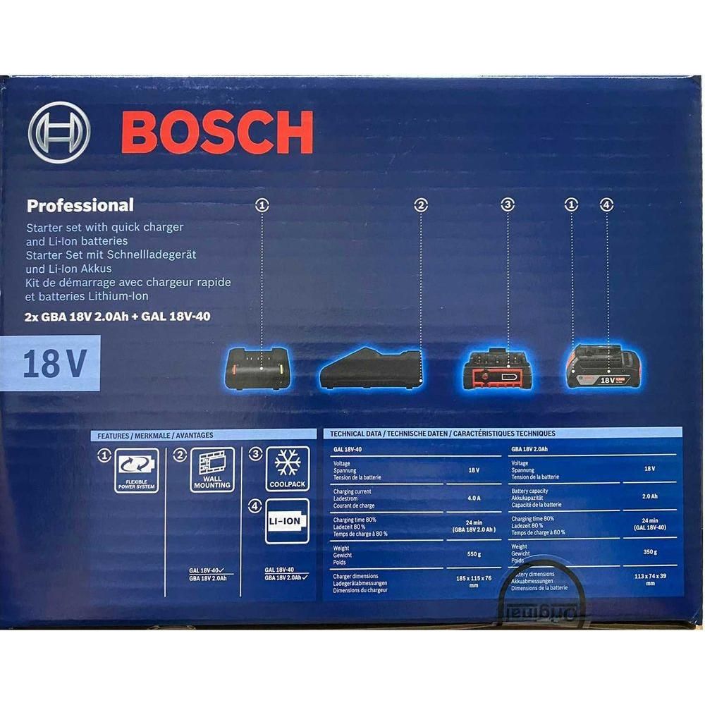 Bosch 18V Starter Kit 2x 2.0AH + GAL 18V-40 [Battery & Charger Bundle] (1600A019RP) - KHM Megatools Corp.