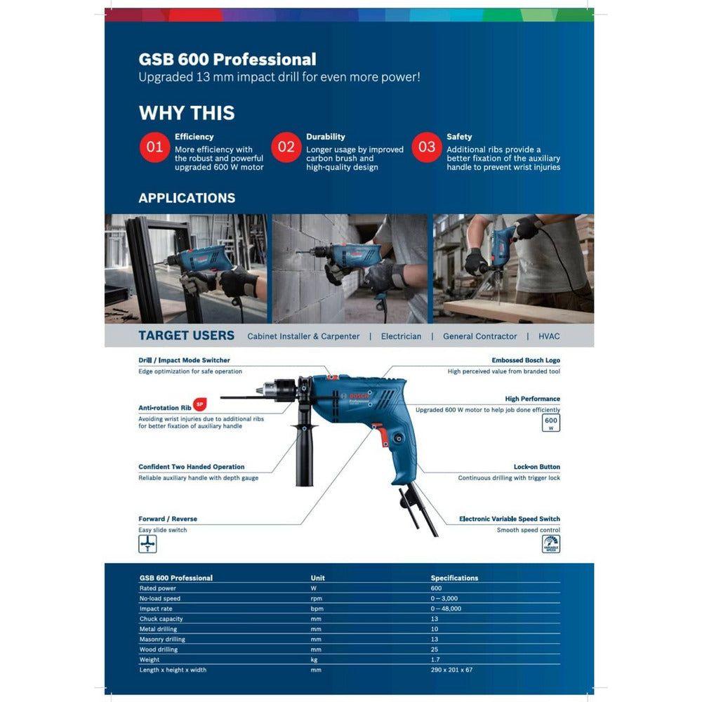 Bosch GSB 600 Impact Drill / Hammer Drill 13mm (1/2") 600W [Contractor's Choice] | Bosch by KHM Megatools Corp.